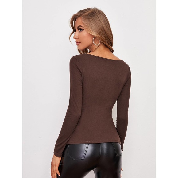 Long sleeve henley Button up Fitted Top white - Picture 5 of 11